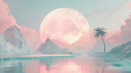 Escapism aesthetic  background.Desert valley with sand dunes and mountains scene. Sunset soft light. Surrealism atmospheric installation of magic pink arch. Loneliness escape feeling.