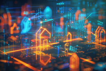 Obraz premium A scatter plot showing real estate price versus property size, data points brightly illuminated, trend lines, informative captions, displayed on a high-tech screen Created Using statistical