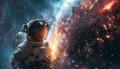 Astronaut in space suit against the background of the galaxy.