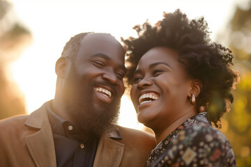 An African-American couple in their thirties enjoys each other outdoors, talking and laughing, highlighting their strong emotional bond and joy in each other.