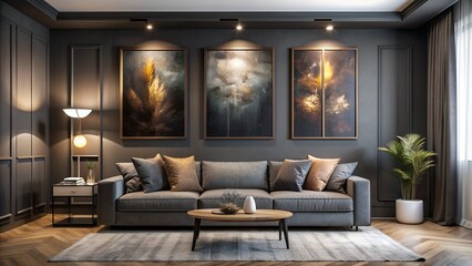 Stylish Living Room with Triptych Canvas Art on Black Wall - Modern Gallery Style with Gray Sofa
