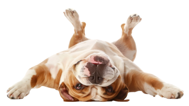 Funny bulldog laying on his back isolated on transparent background