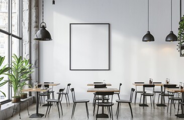 A photo of large white wall with blank poster frame in the middle, modern coffee shop interior design, white walls and light wood floors