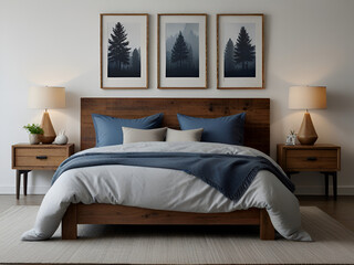 Rustic wooden bed with blue pillows and two bedside cabinets against white wall with three posters frames. Farmhouse interior design of modern bedroom