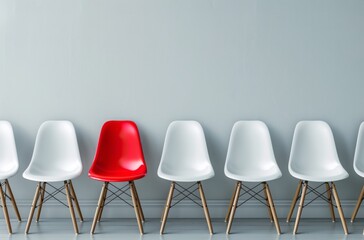 A red chair stands out from the crowd of white chairs on an isolated background, concept for stock photo