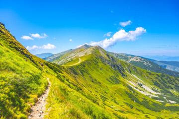 A hiker traverses a trail on Chopok Mountain with lush green slopes and clear blue skies. Low Tatras, Slovakia