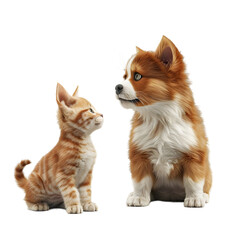 Cute dog and cat playing Isolated on transparent background, png
