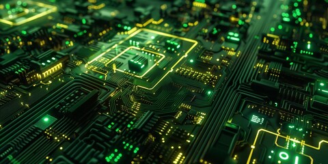 A closeup of an intricate circuit board with glowing green and yellow components, set against a dark background. 