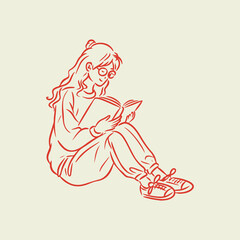 woman reading book line art illustration