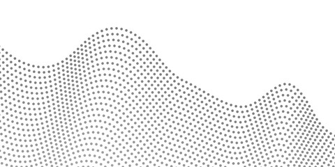 Flowing dots particles wave pattern halftone gradient curve shape isolated on transparent background.  Digital future technology concept. Design for web design, music, cover, technology, JPEG.