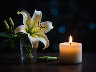 Gentle Mourning, Lily and candle in tranquil scene. Remembrance, Lily and candle against darkness.
