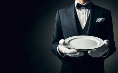 elegant waiter holding an empty white plate over black background with copy space, photorealistic illustration