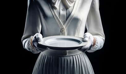 waitress in white dress with white glove keeping white plate over black background, photorealistic illustration in digital style