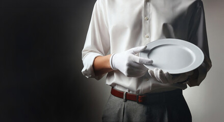 waiter in white shirt with white glove keeping white plate over black background, photorealistic illustration in digital style
