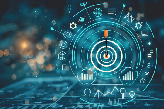 A sharp, focused image of a dart hitting the bullseye on a target, symbolizing precise goal achievement Surrounding the target are various business icons like graphs, charts, and arrows