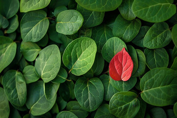 A single red leaf among green, highlighting the courage to be different in a leadership role
