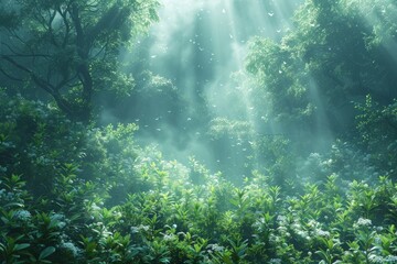 Sunlight filtering through forest trees creating a picturesque natural landscape