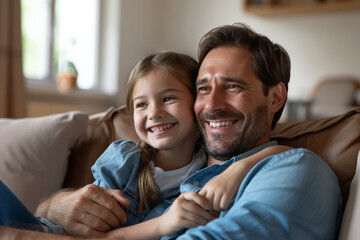 Fototapeta premium A happy father in his 30s sits with his daughter at home, watching an interesting video on a kids' channel online. They share a moment of joy and connection as they enjoy their leisure time together.