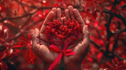 On World AIDS Day a poignant image emerges human hands cradle a vibrant red tree in the shape of a heart adorned with a red ribbon set against a backdrop of lush red nature
