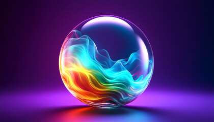 3d transparent multicolored glass sphere with colorful smoke inside