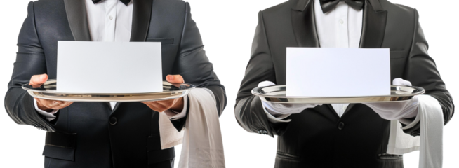 Close-up and front view of a waiter or chef, holding a silver serving tray with empty sign with copy space. Isolated on white or transparent background, png, variations and collection. Generative Ai.