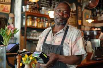 A small business owner, an African American man, stands proudly in his cafe, holding a contactless payment machine. He exudes confidence and professionalism as he offers modern payment options to his