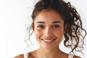 A smiling brunette Indian girl, a happy pretty young adult woman with freckles on her face, looks at the camera isolated on a white background. The focus is on skincare, hair care cosmetics for young
