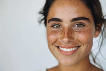 A smiling brunette Indian girl, a happy pretty young adult woman with freckles on her face, looks at the camera isolated on a white background. The focus is on skincare, hair care cosmetics for young