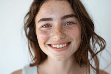 A smiling brunette Caucasian girl, a happy pretty young adult woman with freckles on her face, gazes at the camera against a white background. The emphasis is on skincare, hair care cosmetics for