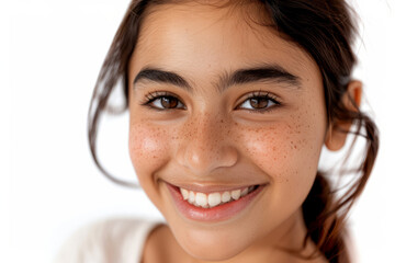 A smiling brunette Indian girl, a happy pretty young adult woman with freckles on her face, looks at the camera isolated on a white background. The focus is on skincare, hair care cosmetics for young