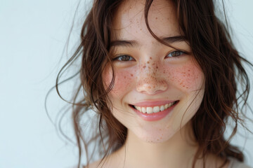A smiling brunette Japanese girl, a happy pretty young adult woman with freckles on her face, gazes at the camera against a white background. The emphasis is on skincare, hair care cosmetics for