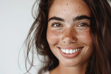 A smiling brunette Latin girl, a happy pretty young adult woman with freckles on her face, looks at the camera isolated on a white background. The focus is on skincare, hair care cosmetics for young