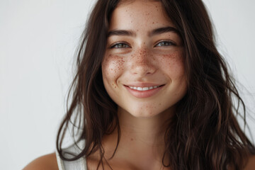 A smiling brunette Latin girl, a happy pretty young adult woman with freckles on her face, looks at the camera isolated on a white background. The focus is on skincare, hair care cosmetics for young