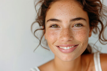 A smiling brunette Latin girl, a happy pretty young adult woman with freckles on her face, looks at the camera isolated on a white background. The focus is on skincare, hair care cosmetics for young
