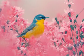 Blue and Yellow Bird Perched on Top of Pink Flowers