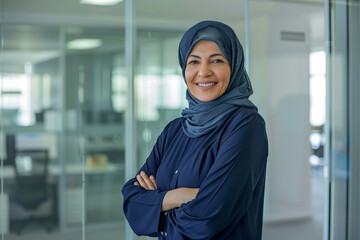 A smiling, happy, and confident Arabian old mature professional business woman, a corporate leader and senior middle-aged female executive, stands in her office with arms crossed, exuding confidence