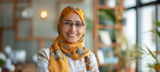 A smiling, happy, and confident Arabian old mature professional business woman, a corporate leader and senior middle-aged female executive, stands in her office with arms crossed, exuding confidence