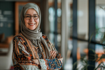 A smiling, happy, and confident Arabian old mature professional business woman, a corporate leader and senior middle-aged female executive, stands in her office with arms crossed, exuding confidence