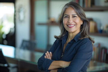 A smiling, happy, and confident Latino old mature professional business woman, a corporate leader and senior middle-aged female executive, stands in her office with arms crossed, gazing at the camera