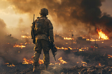 Naklejka premium A soldier equipped with advanced tactical gear standing on a futuristic battlefield