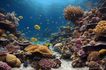 Naklejka premium A coral reef with a variety of tropical fish and corals.