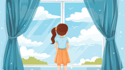 Kid student Girl standing background view the window Vector