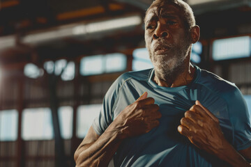 An elderly African American man is running and exercising in a sports facility when he suddenly...