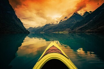 Kayaking in the Glacier Lake in Norway