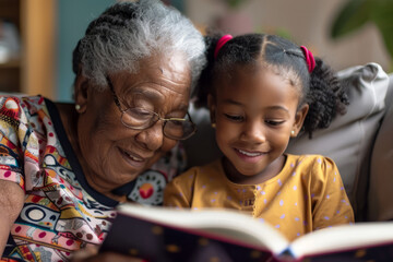 An elderly African American grandmother and her granddaughter are happily reading a book together, enjoying a moment of learning and education as they bond as a family.