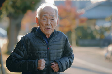 An elderly Japanese man is jogging for exercise, but he begins to feel discomfort in his chest, suggesting a heart attack may be occurring.