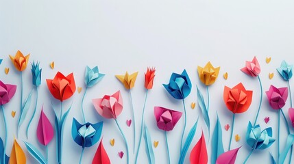 Abstract colorful origami tulips on white background, paper cut flowers border with copy space for text, spring banner template