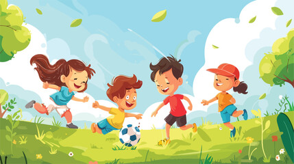 Kids Children Playing Football Outside Vector illustration