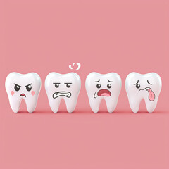 Obraz premium Set of cartoon 3D teeth with different emotions on pink background