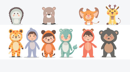 Kids wearing animal costumes set Vector illustration.